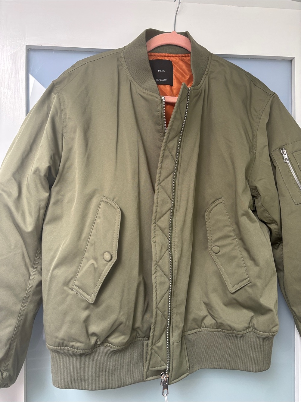 Mango Olive Green Bomber Jacket with Orange Lining